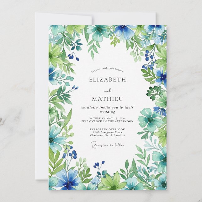 Sky Blue Lush Botanical Wedding Invitation (Front)