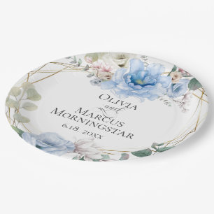 Sky Blue Magnolia and Peony Summer Wedding Paper Plate