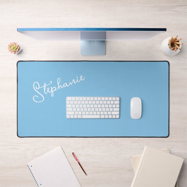 Sky Blue Minimalist Personalised Script Name  Desk Mat (Office 1)