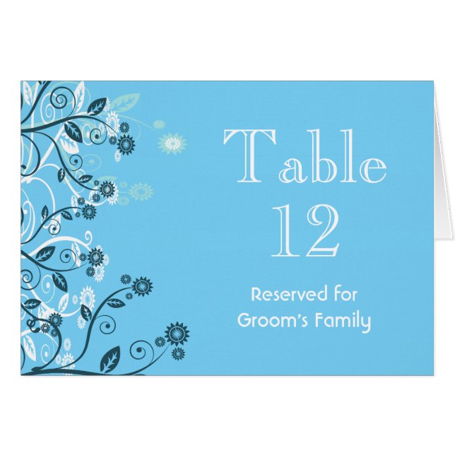 Sky Blue Modern Floral Wedding Table Number (Front Horizontal)