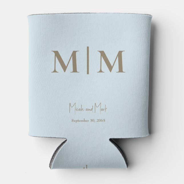 Sky Blue Monogram and Names Wedding Can Cooler (Front)