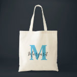 Sky Blue Monogram Black Script Name Tote Bag<br><div class="desc">Sky Blue Monogram Black Script Name Tote Bag. Can be given as gift to family and friends on their Birthday and Christmas.</div>