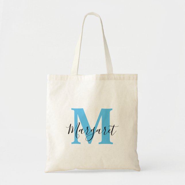 Sky Blue Monogram Black Script Name Tote Bag (Front)