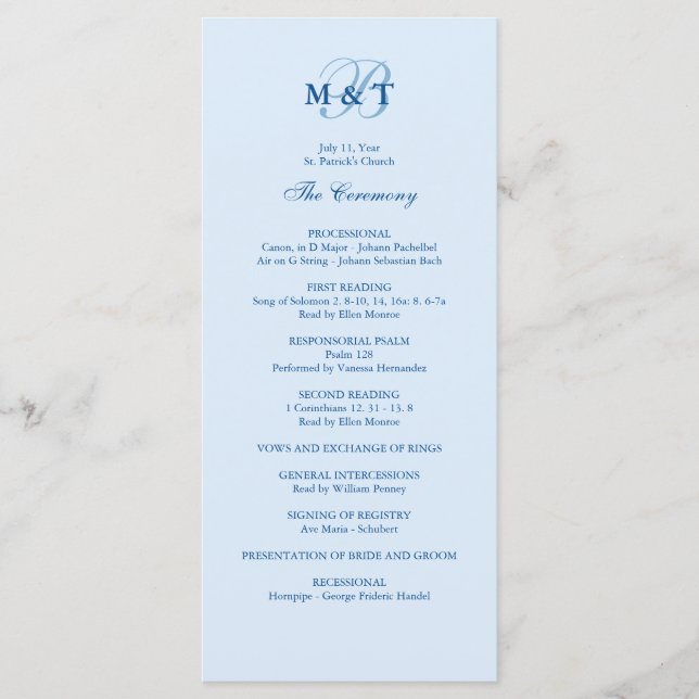 Sky Blue Monogram Wedding Program Programme (Front)