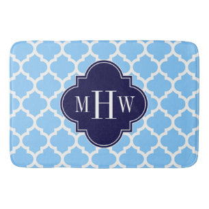 Sky Blue Moroccan #5 Navy Blue 3 Initial Monogram Bath Mat
