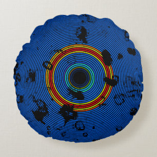 Sky Blue Multicolor Vinyl Disc Texture Pattern Round Cushion