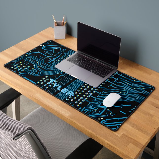 Sky Blue Name, Black & Blue Circuit Board Desk Mat (Office 2)