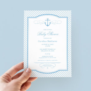 Sky Blue Nautical Anchor and Stripes Baby Shower Invitation