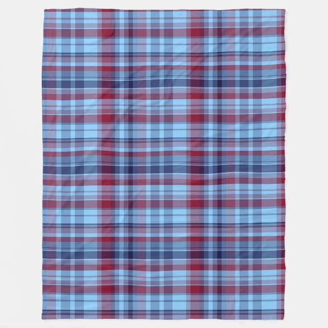 Sky Blue Navy Burgundy Preppy Madras Fleece Blanket (Front)