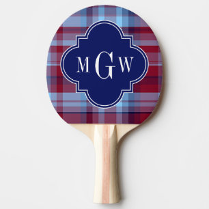 Sky Blue Navy Burgundy Preppy Madras Monogram Ping Pong Paddle