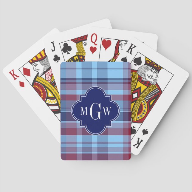 Sky Blue Navy Burgundy Preppy Madras Monogram Playing Cards (Back)