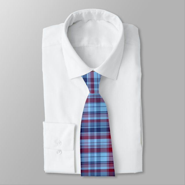 Sky Blue Navy Burgundy Preppy Madras Tie (Tied)
