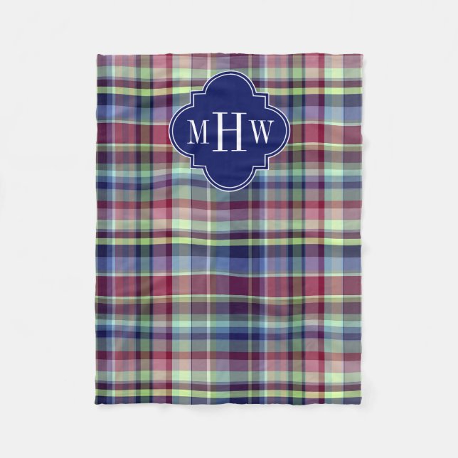Sky Blue Navy Burgundy Wht Preppy Madras Monogram Fleece Blanket (Front)