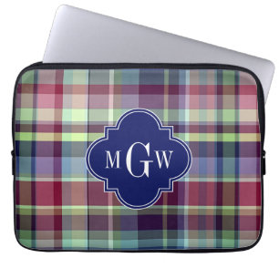 Sky Blue Navy Burgundy Wht Preppy Madras Monogram Laptop Sleeve