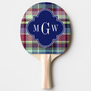 Sky Blue Navy Burgundy Wht Preppy Madras Monogram Ping Pong Paddle