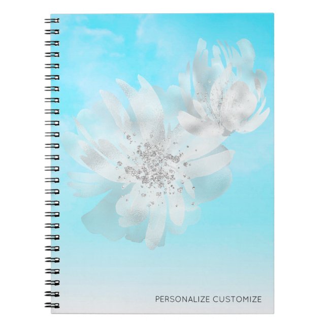 *~* Sky Blue Ombre Clouds Flowers Glitter Notebook (Front)
