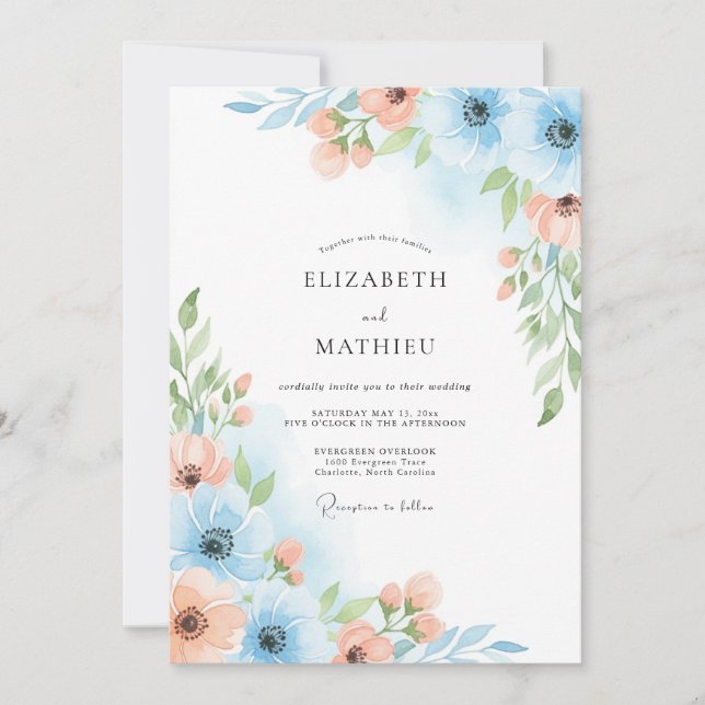 Sky Blue Painterly Bloom Wedding Invitation (Front)