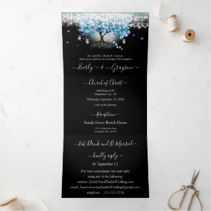 Sky Blue Pastel Heart Leaf Tree Wedding Tri-Fold Invitation