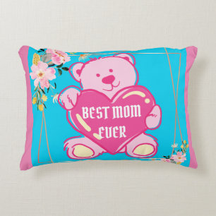 Sky Blue Pink Chic Teddy Bear Heart Floral Design Decorative Cushion
