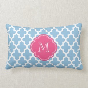 Sky Blue & Pink Modern Moroccan Pattern Monogram Lumbar Cushion