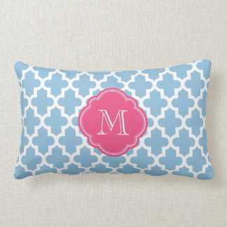 Sky Blue & Pink Modern Moroccan Pattern Monogram Lumbar Cushion