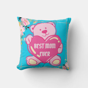 Sky Blue Pink Teddy Bear Heart Floral Design Cushion