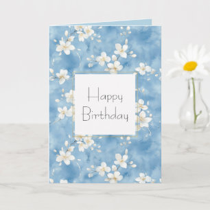 Sky Blue Pretty White Flowers Birthday Card