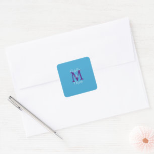 Sky Blue Purple White Bat Mitzvah Name Monogram  Square Sticker