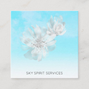 *~* Sky Blue QR Clouds Flowers Glitter Shimmer Square Business Card