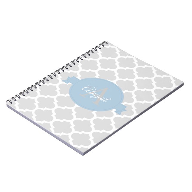 Sky Blue Quatrefoil Personalised Spiral Notebook (Left Side)