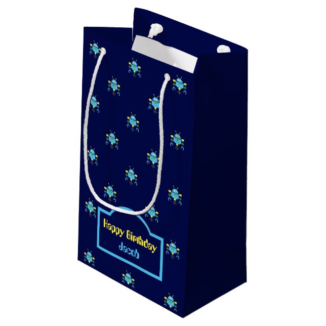 Sky Blue Robot Pattern Navy Blue Gift Bag (Back Angled)