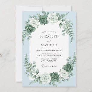Sky Blue Romantic Floral Garland Wedding Invitation