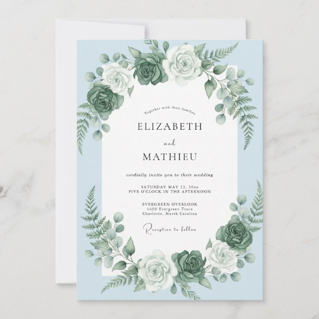 Sky Blue Romantic Floral Garland Wedding Invitation (Front)