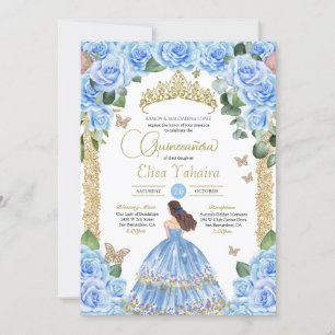 Sky Blue Rose Floral Gold Butterfly Quinceanera Invitation