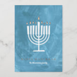 Sky Blue Rose Gold Flame Menorah Foil Holiday Card<br><div class="desc">A geometrically modern styled menorah with real shiny foil flames and greeting plus your family photo on the back makes this custom Hanukkah card an easy choice this holiday season.</div>