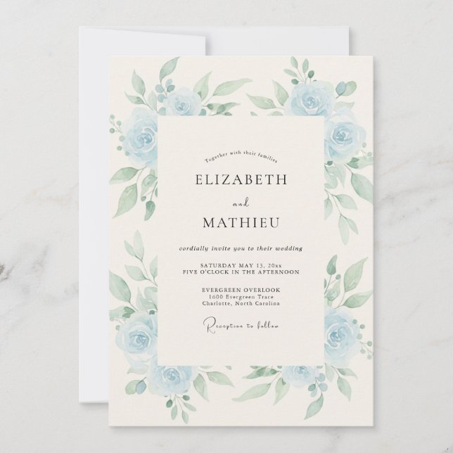 Sky Blue Rose Wreath Wedding Invitation (Front)