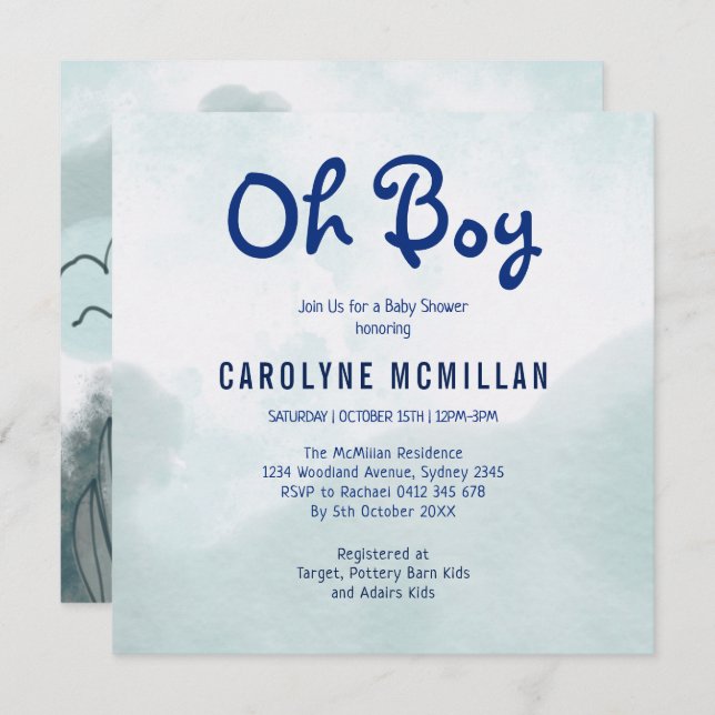 Sky Blue Sage Greenery Botanical Baby Boy Shower Invitation (Front/Back)