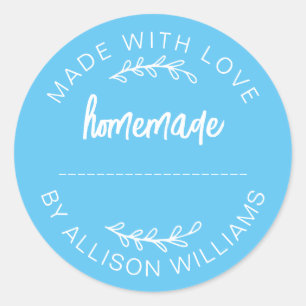 Sky Blue Script Made With Love Homemade Food Jar Classic Round Sticker