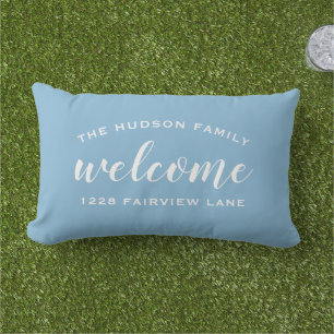Sky Blue Script Welcome Monogram Porch Lumbar Cushion