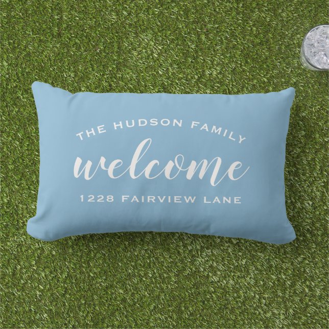 Sky Blue Script Welcome Monogram Porch Lumbar Cushion (Grass)