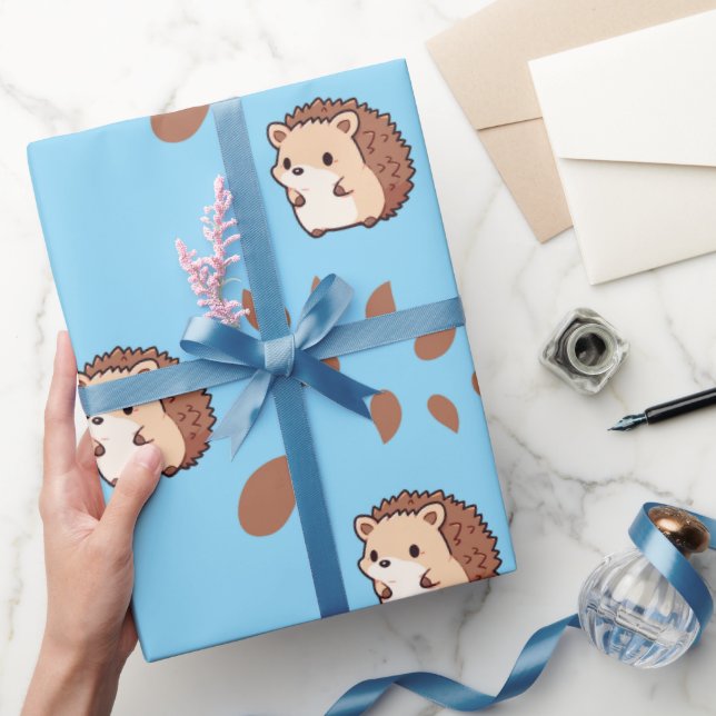 Sky Blue Seamless Wrapping Paper with Hedgehogs (Gifting)