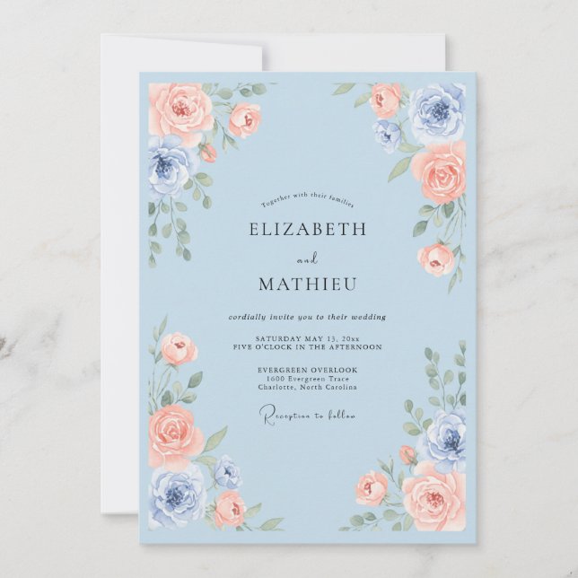 Sky Blue Serene Rose Wedding Invitation (Front)