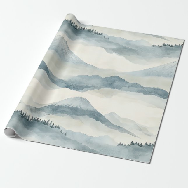 Sky Blue Snow Mountain Cloud Landscape Pattern Wrapping Paper (Unrolled)