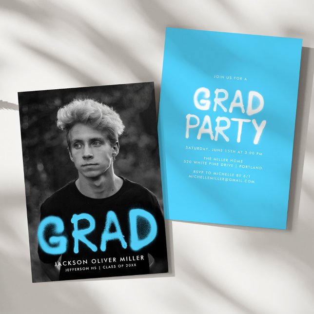 Sky Blue Spray Paint Photo Graduation Party Invitation (Creator Uploaded)