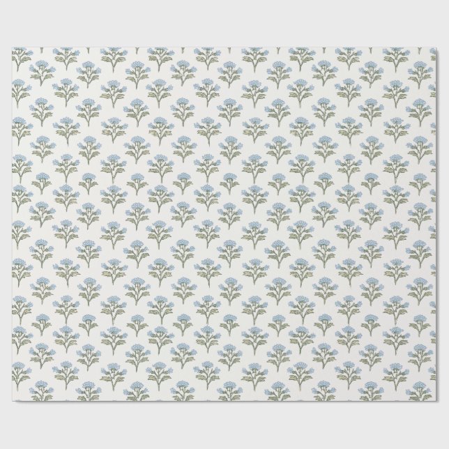 Sky Blue Sprig Block Print, Olive Leaf Wrapping Paper (Flat)