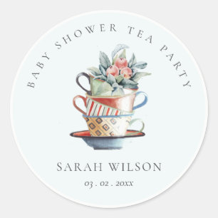 Sky Blue Stacked Cups Floral Baby Shower Tea Party Classic Round Sticker