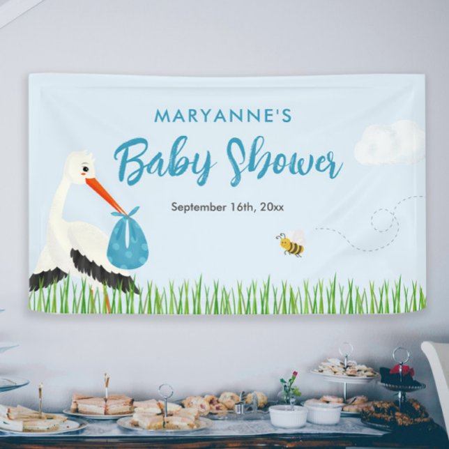 Sky Blue Stork Baby Shower Banner (Blue stork baby shower banner boy themed baby sprinkle sign on the wall)
