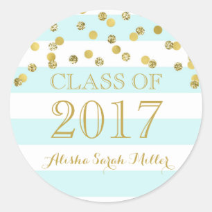 Sky Blue Stripe Gold Confetti Graduation 2017 Classic Round Sticker
