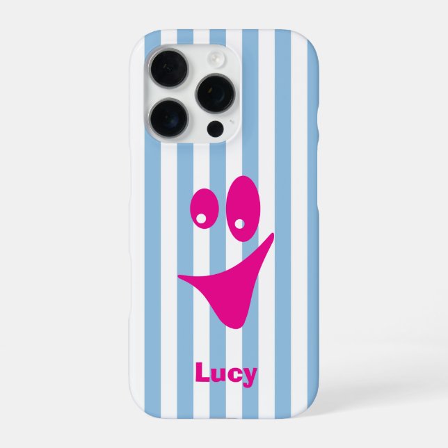 Sky Blue Stripe Hot Pink Quirky Smile iPhone Case (Back)