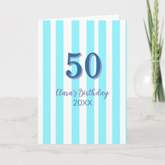 sky blue stripes 50th birthday name date simple card